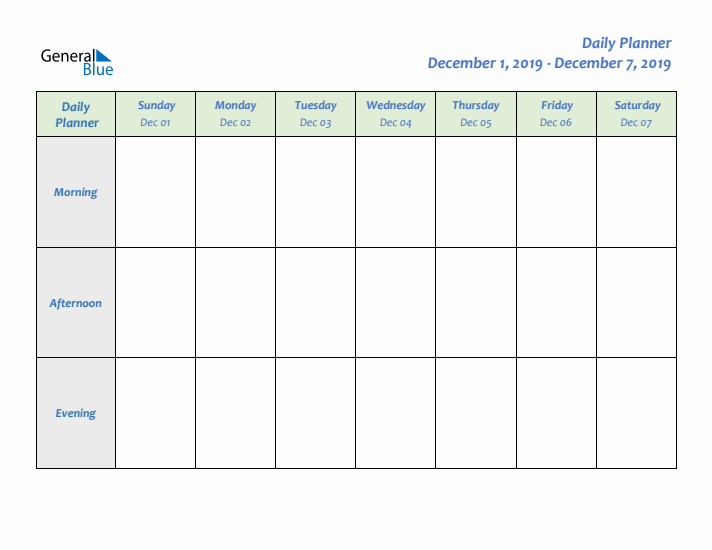 Daily Planner With Sunday Start for Week 49 of 2019