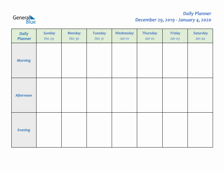 Daily Planner With Sunday Start for Week 1 of 2020