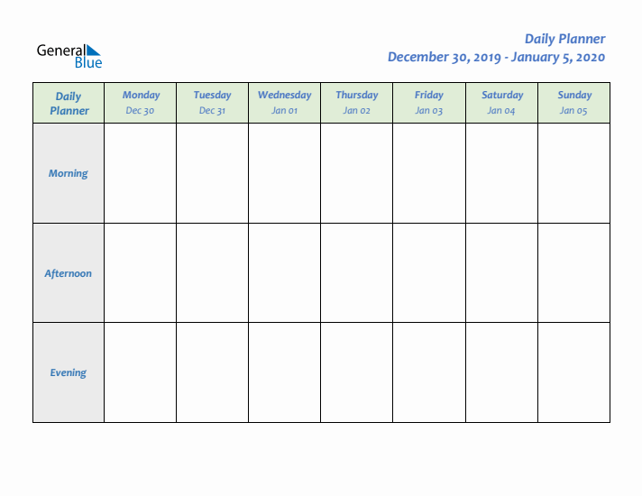 Daily Planner With Monday Start for Week 1 of 2020