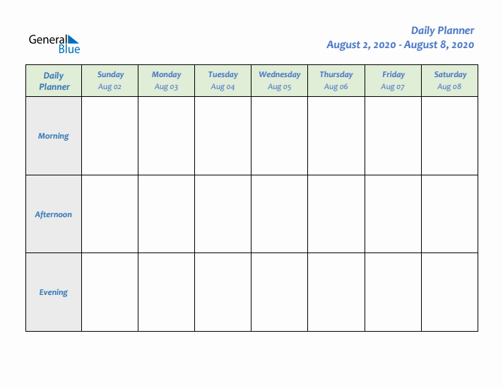 Daily Planner With Sunday Start for Week 32 of 2020