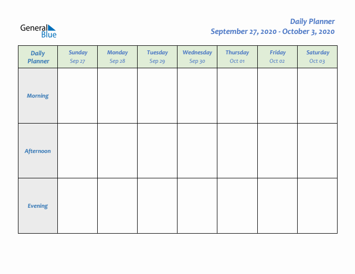 Daily Planner With Sunday Start for Week 40 of 2020