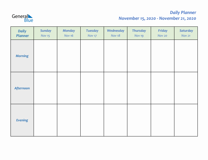 Daily Planner With Sunday Start for Week 47 of 2020