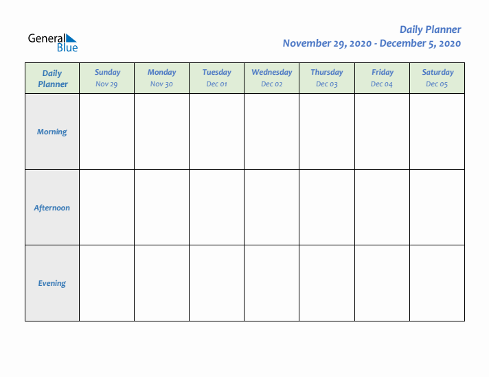 Daily Planner With Sunday Start for Week 49 of 2020