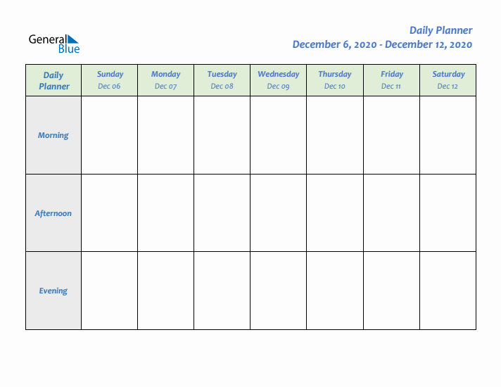 Daily Planner With Sunday Start for Week 50 of 2020