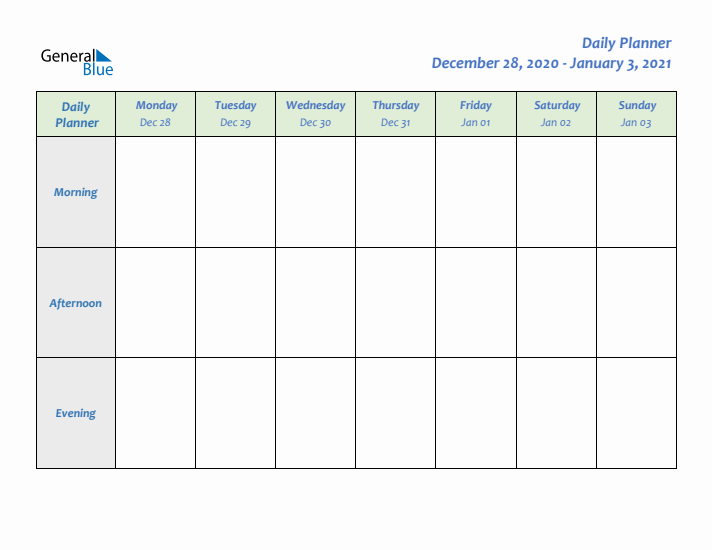 Daily Planner With Monday Start for Week 53 of 2020