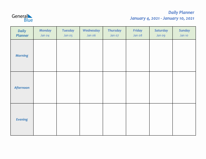 Daily Planner With Monday Start for Week 1 of 2021