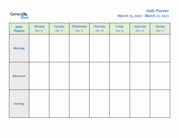 Daily Planner With Monday Start for Week 11 of 2021