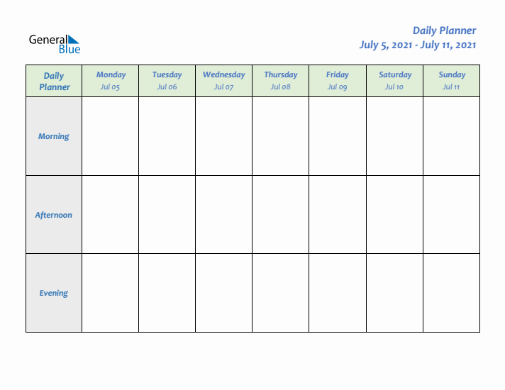 Daily Planner With Monday Start for Week 27 of 2021