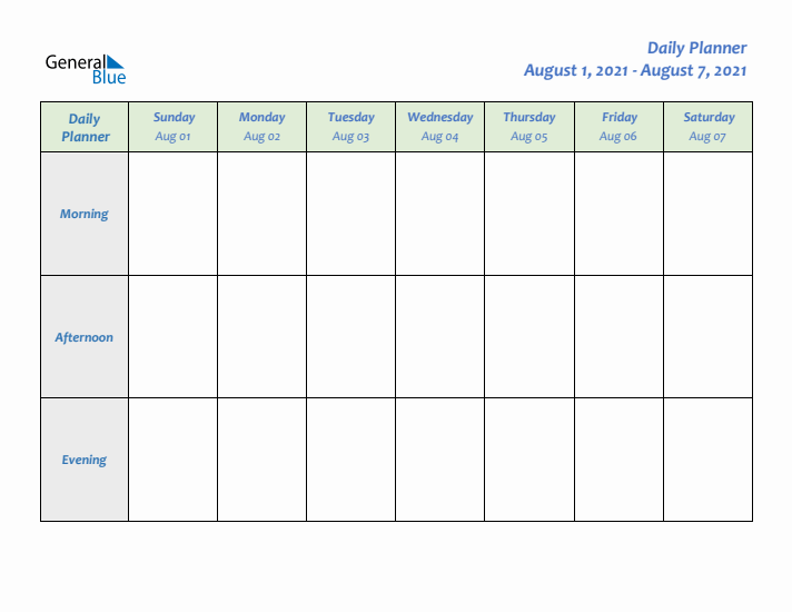 Daily Planner With Sunday Start for Week 32 of 2021