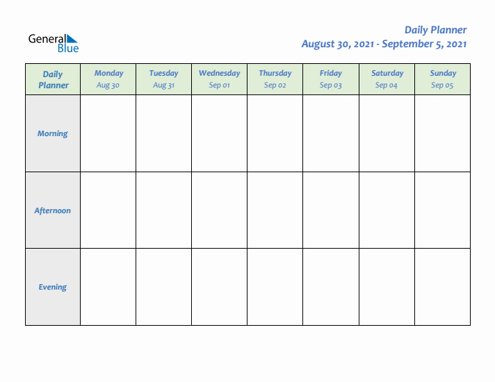 Daily Planner With Monday Start for Week 35 of 2021