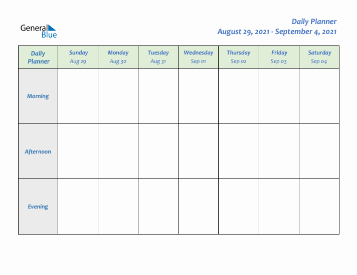 Daily Planner With Sunday Start for Week 36 of 2021