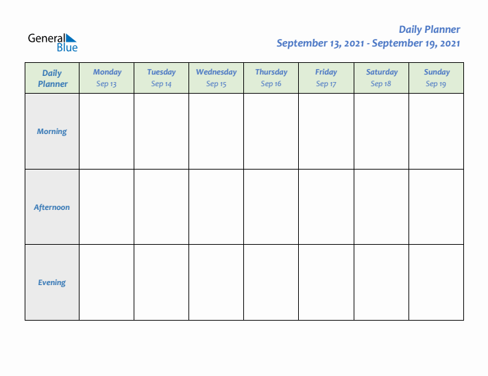 Daily Planner With Monday Start for Week 37 of 2021