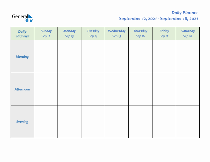 Daily Planner With Sunday Start for Week 38 of 2021