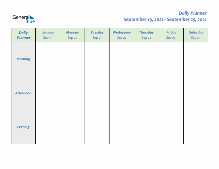 Daily Planner With Sunday Start for Week 39 of 2021