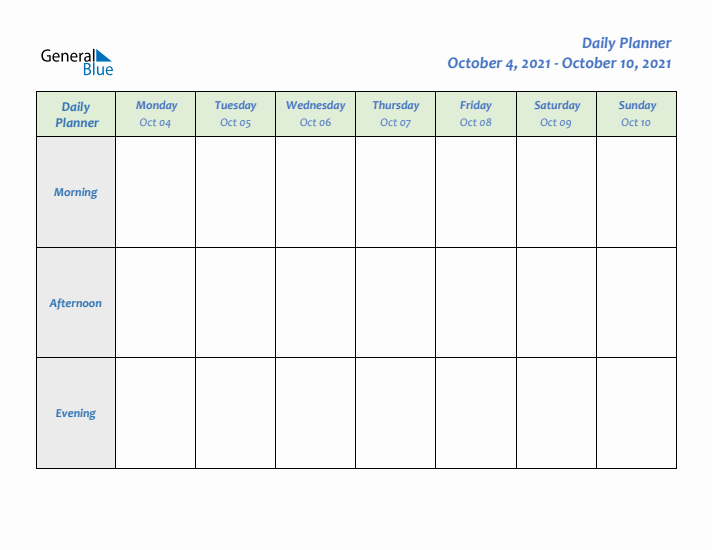 Daily Planner With Monday Start for Week 40 of 2021