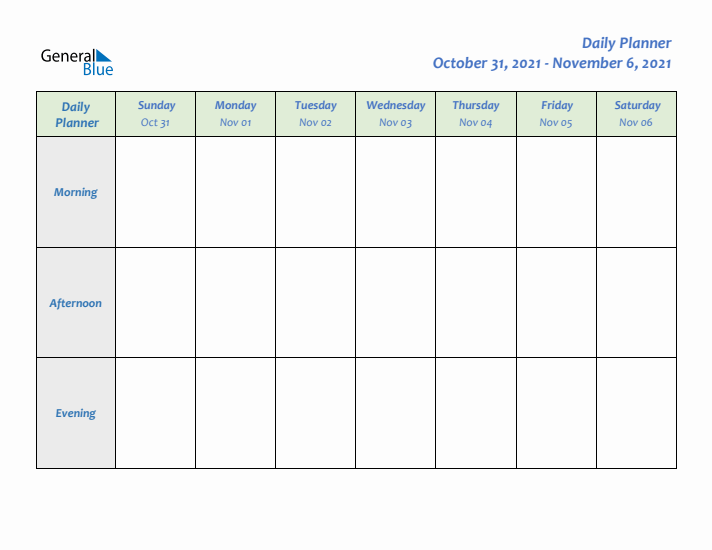 Daily Planner With Sunday Start for Week 45 of 2021