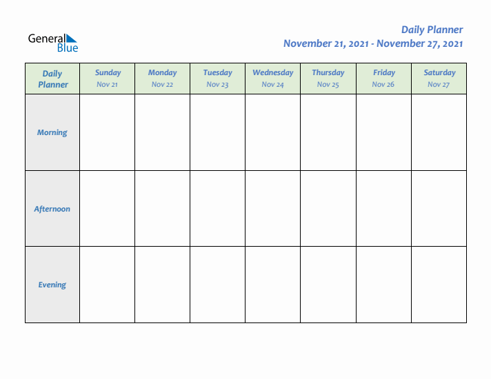 Daily Planner With Sunday Start for Week 48 of 2021