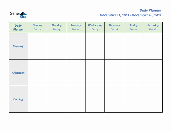 Daily Planner With Sunday Start for Week 51 of 2021