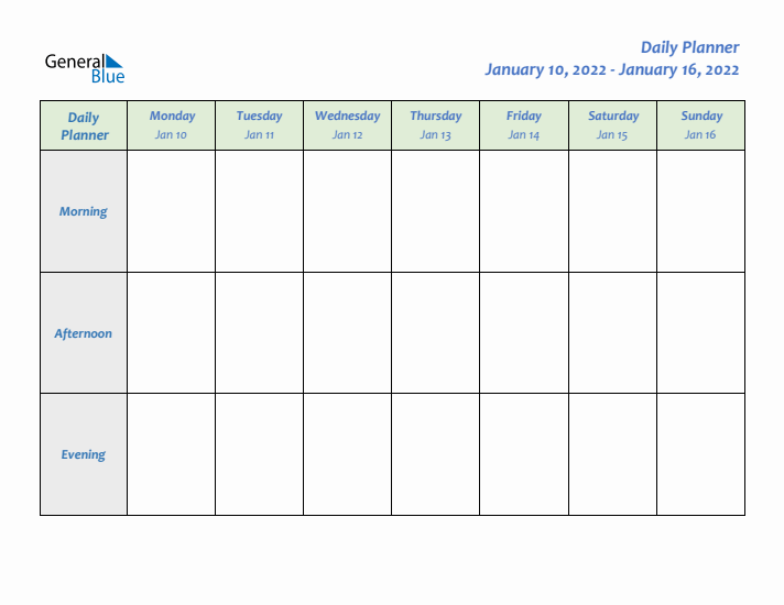 Daily Planner With Monday Start for Week 2 of 2022