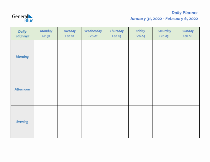 Daily Planner With Monday Start for Week 5 of 2022