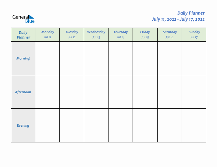 Daily Planner With Monday Start for Week 28 of 2022