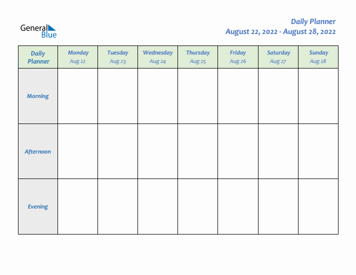 Daily Planner With Monday Start for Week 34 of 2022