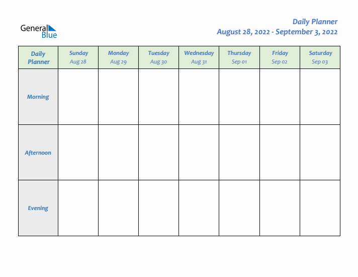 Daily Planner With Sunday Start for Week 36 of 2022