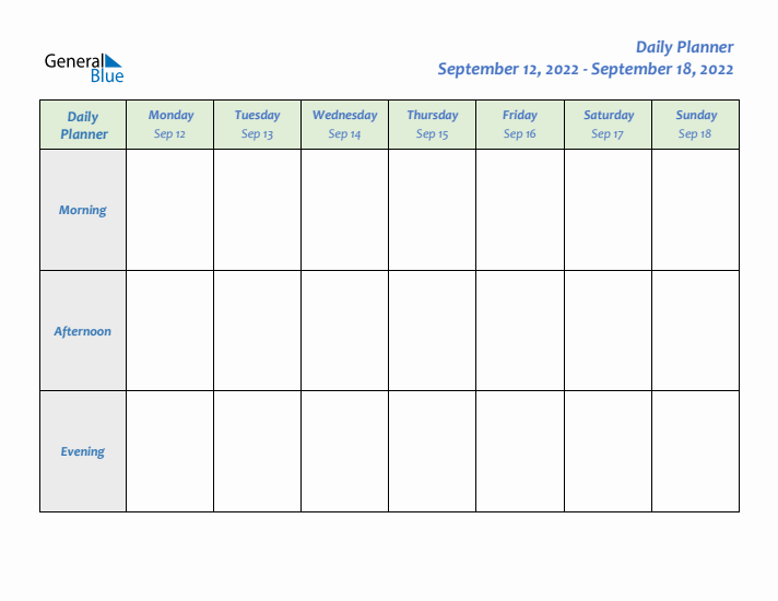 Daily Planner With Monday Start for Week 37 of 2022