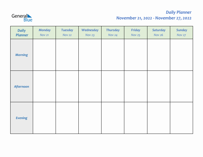 Daily Planner With Monday Start for Week 47 of 2022