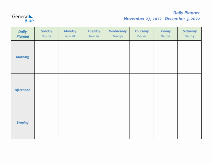 Daily Planner With Sunday Start for Week 49 of 2022