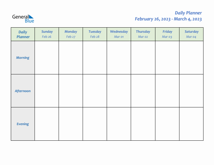 Daily Planner With Sunday Start for Week 9 of 2023