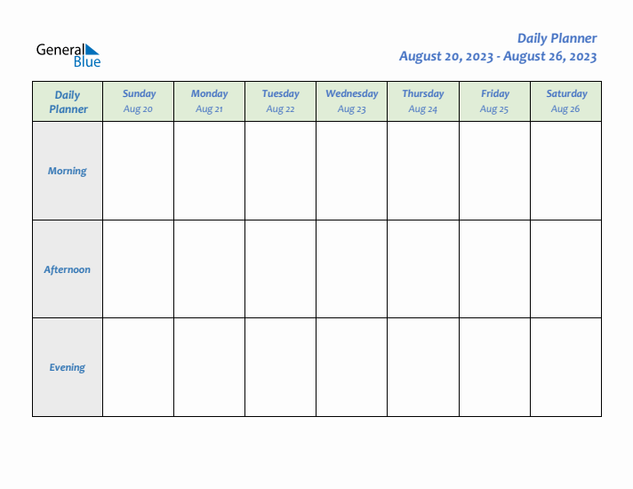 Daily Planner With Sunday Start for Week 34 of 2023