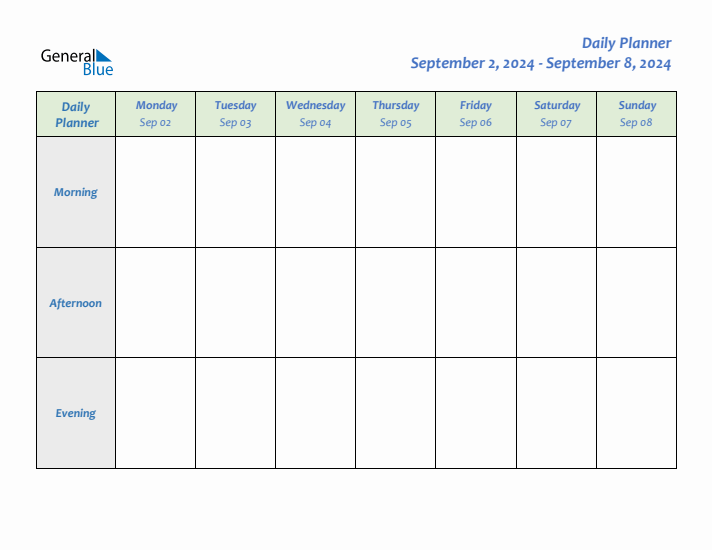 Daily Planner With Monday Start for Week 36 of 2024