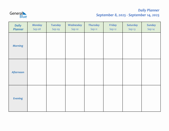 Daily Planner With Monday Start for Week 37 of 2025