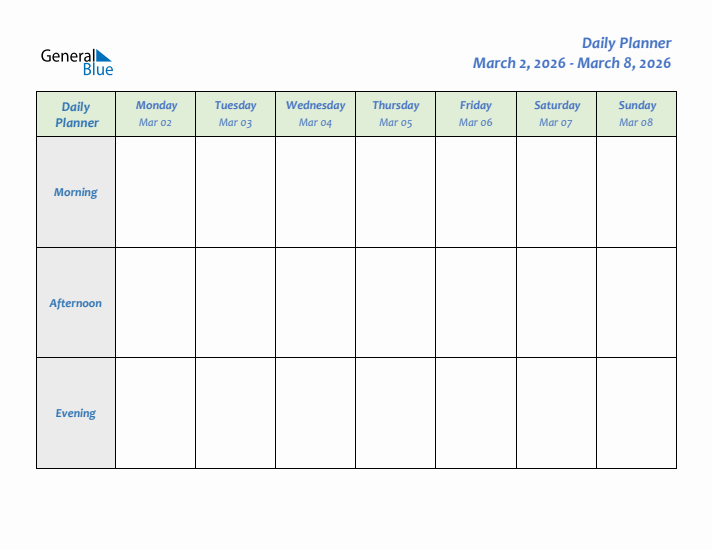 Daily Planner With Monday Start for Week 10 of 2026