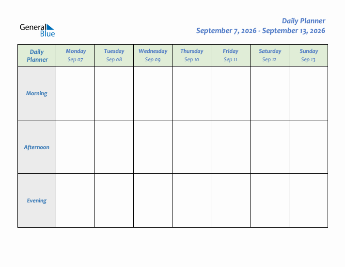 Daily Planner With Monday Start for Week 37 of 2026