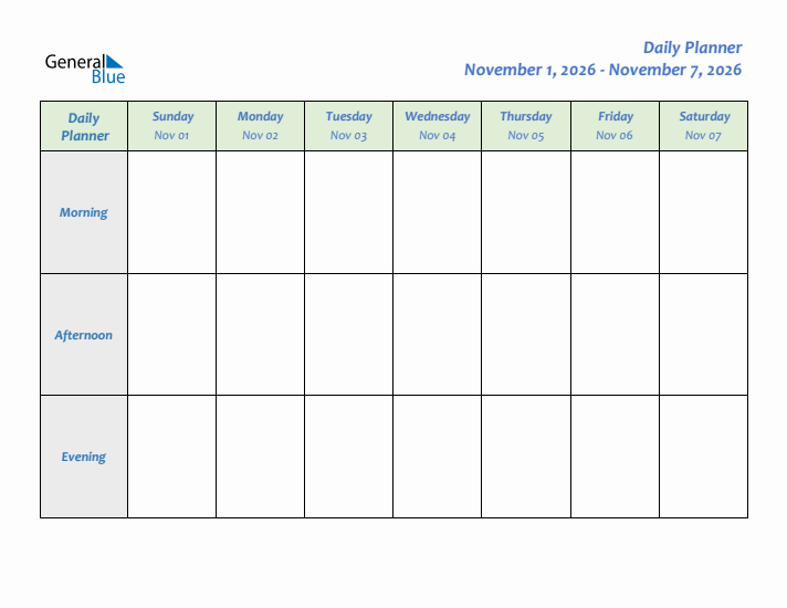 Daily Planner With Sunday Start for Week 45 of 2026