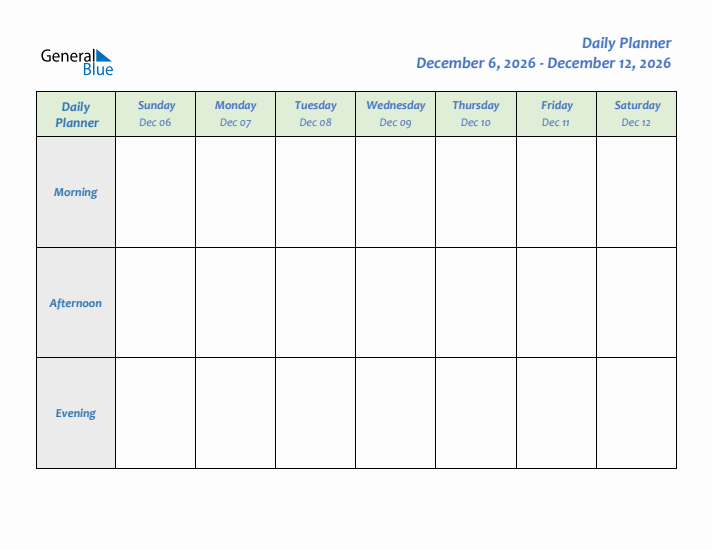 Daily Planner With Sunday Start for Week 50 of 2026