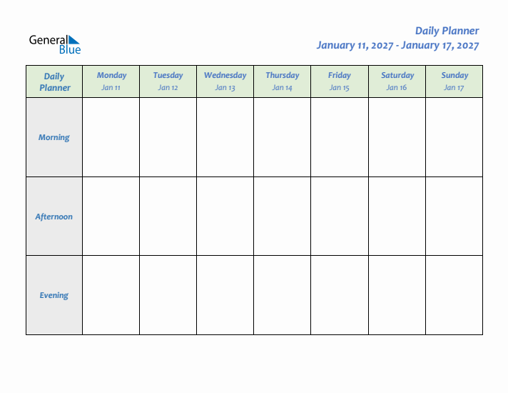 Daily Planner With Monday Start for Week 2 of 2027