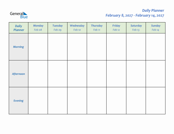 Daily Planner With Monday Start for Week 6 of 2027