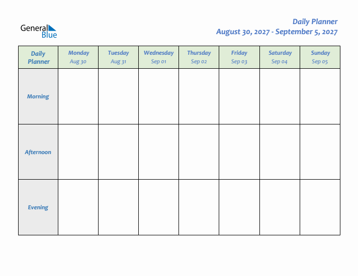 Daily Planner With Monday Start for Week 35 of 2027