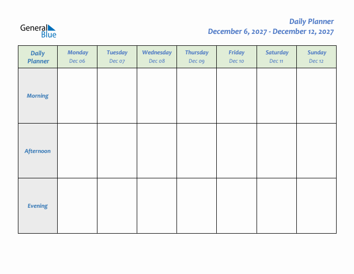 Daily Planner With Monday Start for Week 49 of 2027