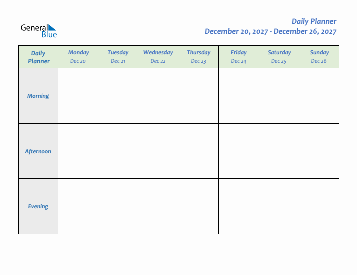 Daily Planner With Monday Start for Week 51 of 2027