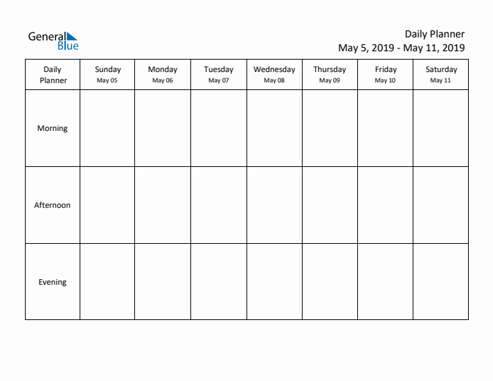 Weekly Planner with Morning, Afternoon, and Evening Sections