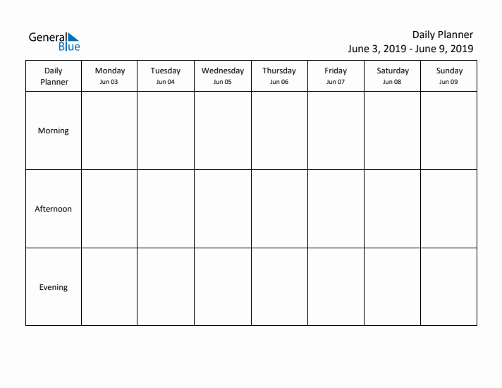 Weekly Planner with Morning, Afternoon, and Evening Sections