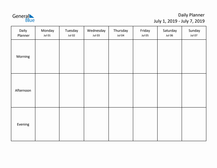 Weekly Planner with Morning, Afternoon, and Evening Sections