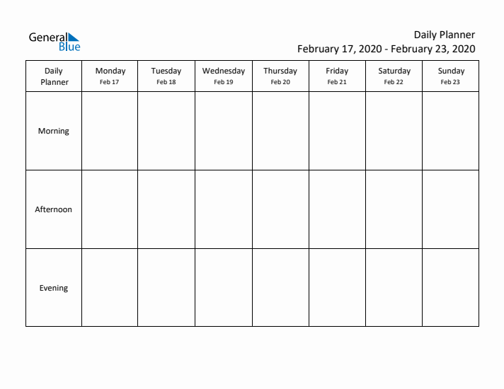 Weekly Planner with Morning, Afternoon, and Evening Sections