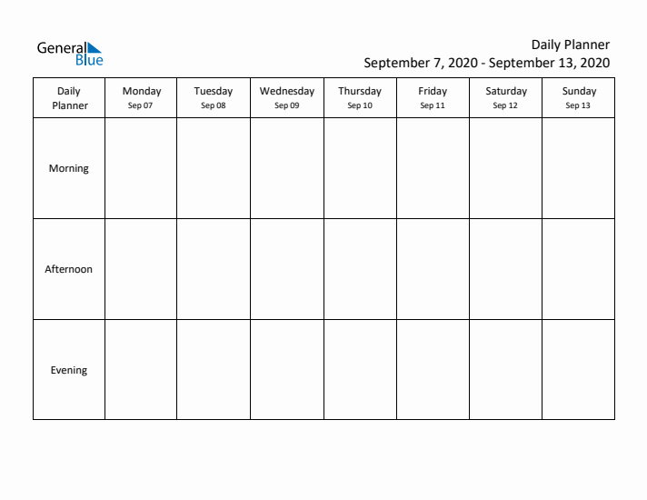 Weekly Planner with Morning, Afternoon, and Evening Sections