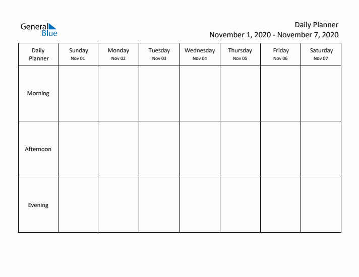 Weekly Planner with Morning, Afternoon, and Evening Sections