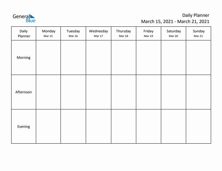 Weekly Planner with Morning, Afternoon, and Evening Sections